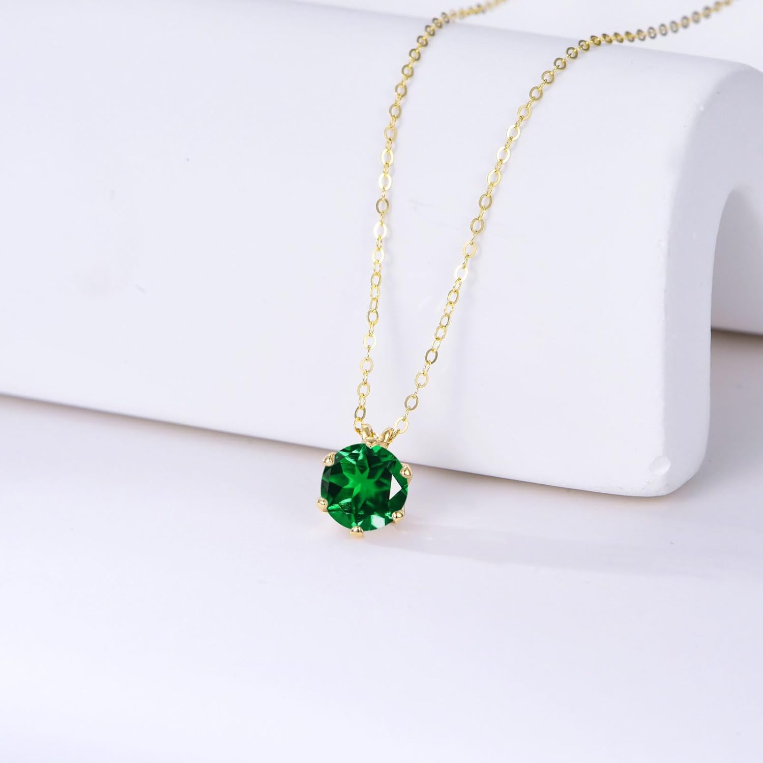 14k Gold 1CT Round Green Emerald Gemstone Necklace for Women 1 Carat 6.5MM Brilliant-Cut Created Birthstone Anniversary Birthday Mother's Day Necklaces for Mom Her-May
