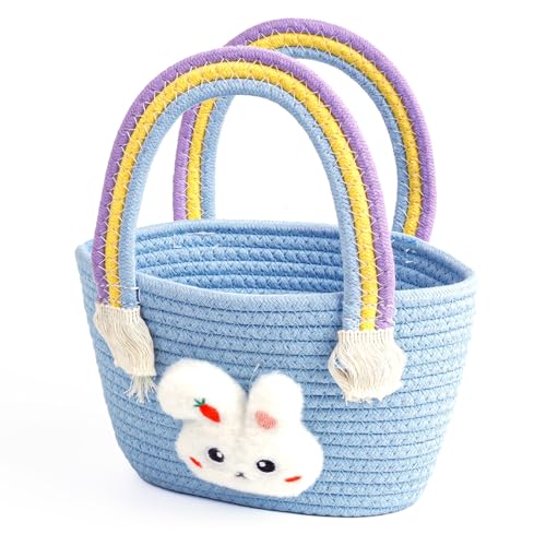 Image of Exun Bunny Basket for Kids, Cute Cotton Tote Bag Hand-Woven Handbag with Rainbow Handles, Easter Egg Hunt Basket Bags for Boys, Girls, Toddler, Babies, Easter gift basket Personalized (Blue)