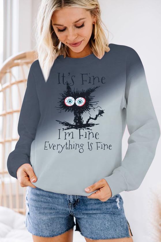 MNLYBABY It's Fine I'm Fine Everything Is Fine Sweatshirt Women Cute Black Cat Tee Tie Dye Cat lover Long Sleeve Top - Image 4