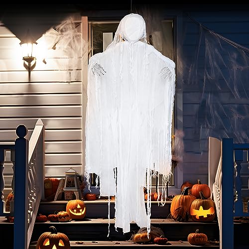 Image of JOYIN 63 inch Halloween Hanging Ghost Decorations Outdoor, White Faceless Grim Reaper in White Horror Robe for Halloween Tree Yard Party Outside Hanging Decorations Party Supplies