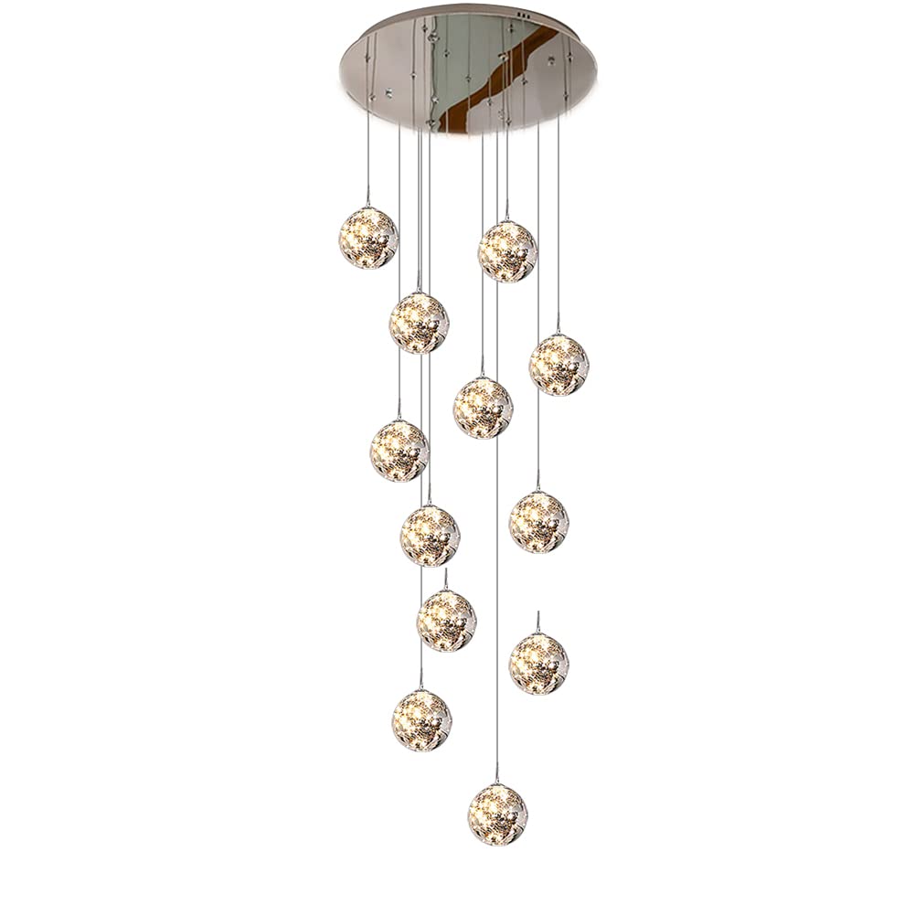 PCXEHUYP Modern 12-Light Stair Chandelier LED Pendant Lighting for Stairwell Smoky Gray Glass & Stainless Steel Elegant Villa Staircase Light Fixture