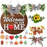 Interchangeable Welcome Sign for Front Door with 4 Seasonal Wreaths and 14 Changeable Icons, Farmhouse Front Door Signs, Door Decoration Porch Decor, Seasonal Wooden Home Sign home décor (6wood)