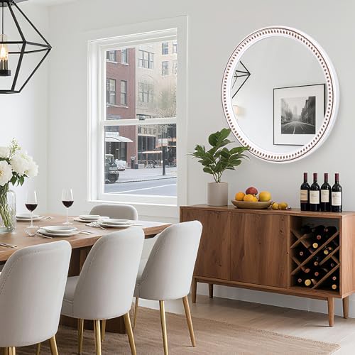 Image of 24 Inch Round Wall Mirror, Rustic Farmhouse Wooden Mirrors for Bathroom | Over Sink Accent, Circle Decorative Look, Ideal for Entryway, Living Room, Bedroom, and Hallway Styling