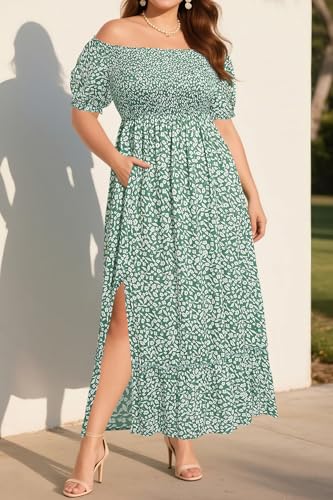 Image of Plus Size Summer Dresses Sun - Maxi Boho Casual Off Shoulder Floral Lace Long Dress with Pockets