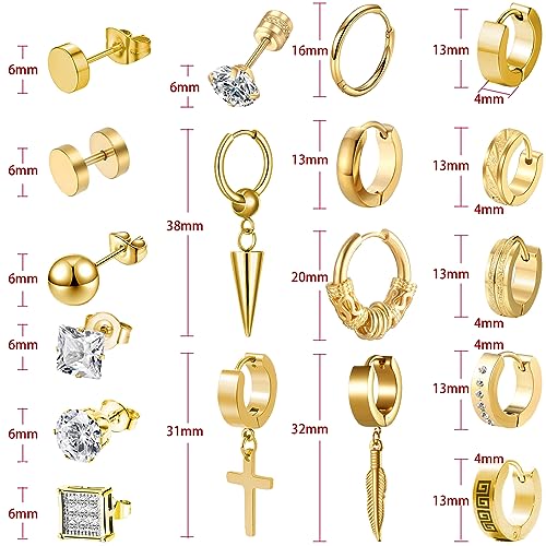 Earrings for Men - 18 Pairs, Black Gold Silver & Stainless Steel Stud, Cross, Dangle, Hoop Earrings Set - Fashion Piercing Jewelry4