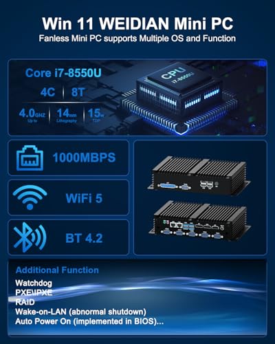 Image of WEIDIAN Fanless Industrial Mini PC Core i7 8550U Win11 Mini Desktop Computer 64GB RAM 1TB SSD, 6xCOM(RS232 RS485) 4K 3xDisplays(HD+DP+EDP) 2xLAN 8xUSB LPT WiFi&BT Linux Wake On LAN Auto Power On