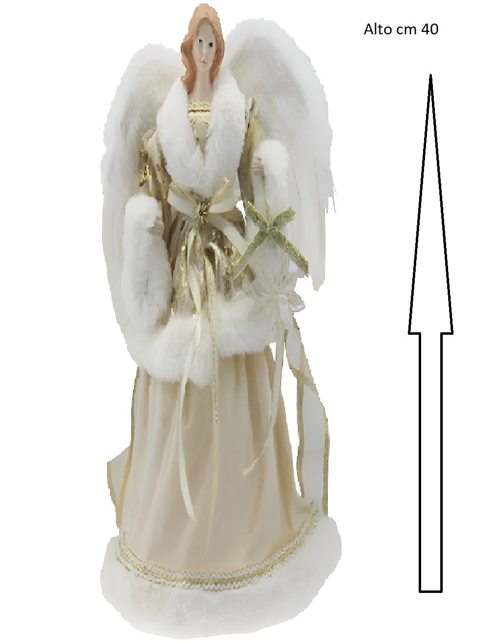 Angelo h 40 Bianco e oro con ali puntale per albero di natale decorazione casa vestito Elegante Pelliccia e Ricami