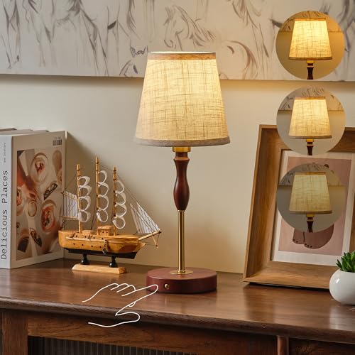 Amingulry Cordless Table Lamp, 4000mAh Rechargeable Battery Operated, Portable 3-Level Brightness LED Touch Beside Lamp, Metal Wood with Fabric Shade Night Light for Bedroom, Patio, Restaurant (Gold)