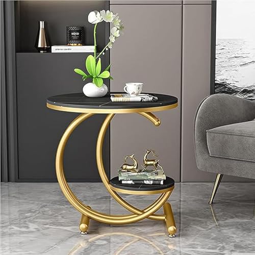 Image of Simple Sofa Side Cabinet Bedside Table Round Tea Table Elegant Coffee Table for Living Room with Balcony Contemporary Accent Corner Table End Table (Black & Gold)