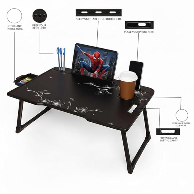 Image of Wood Smart Multipurpose Foldable Laptop Table with Cup Holder, Study Table, Bed Table, Breakfast Table, Foldable and Portable /Ergonomic & Rounded Edges /Non-Slip Legs (Flower)