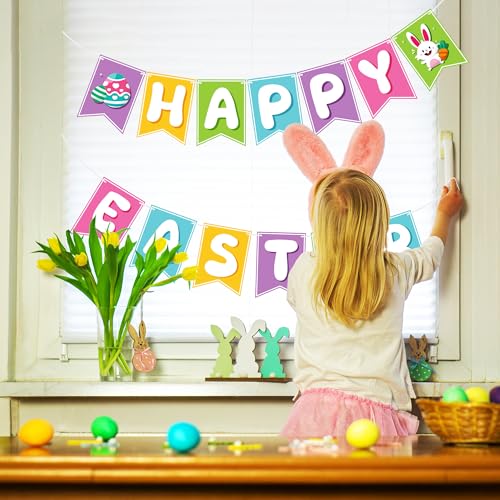 Image of OHOME Easter Decorations - Happy Easter Banner | Bunny Party Decorations for Indoor Outdoor Outside - Bunny Egg Garland for Front Door | Easter Backdrop Wreath for Window Wall - Easter Decor