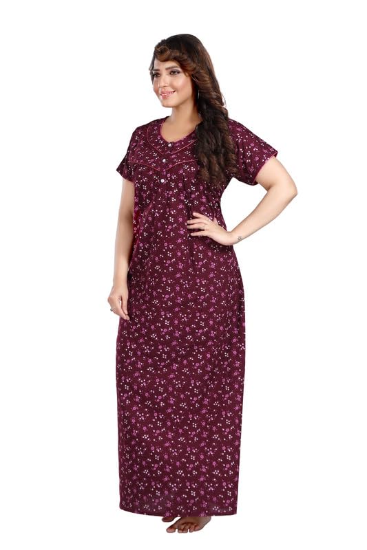 Image of CLOUD SOFT Women's Cotton Printed Pleated Full-Length Nighty with Pocket | Soft Comfortable Night Dress, Sleepwear & Homewear (CS7001)