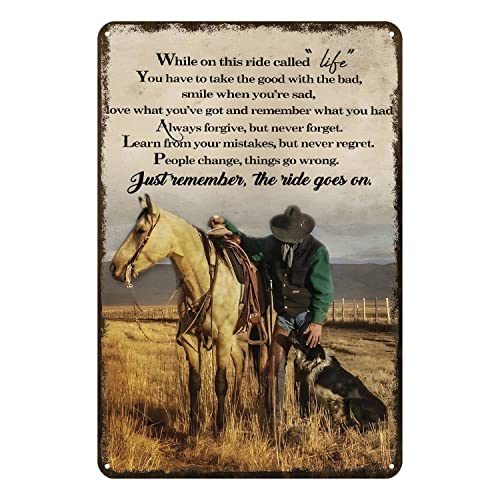 Image of Aenaon Vintage Tin Signs While On This Ride Called Life Retro Cowboy Tin Sign Home Kitchen Bar Wall Decor Man Cave Decor Sign Western Decor 8x12 Inches