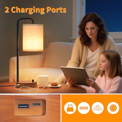 Set de 2 Lámparas de Mesa con USB y Base de Madera miniatura 6