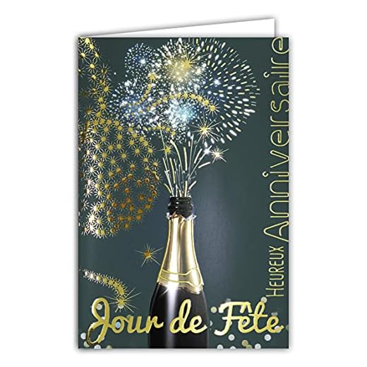 Afie 69-7087 - Tarjeta de felicitación para cumpleaños, día de fiesta, botella de champán, vino, blanco y chispeante, fuegos artificiales, estrellas, oro dorado, fabricado en Francia
