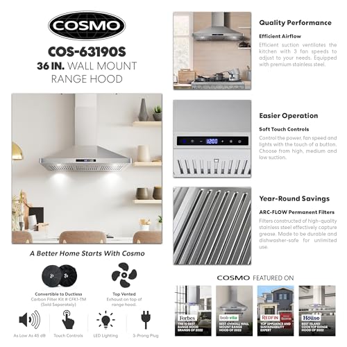 COSMO COS63190S Wall Mount Range Hood, Ducted Convertible Ductless