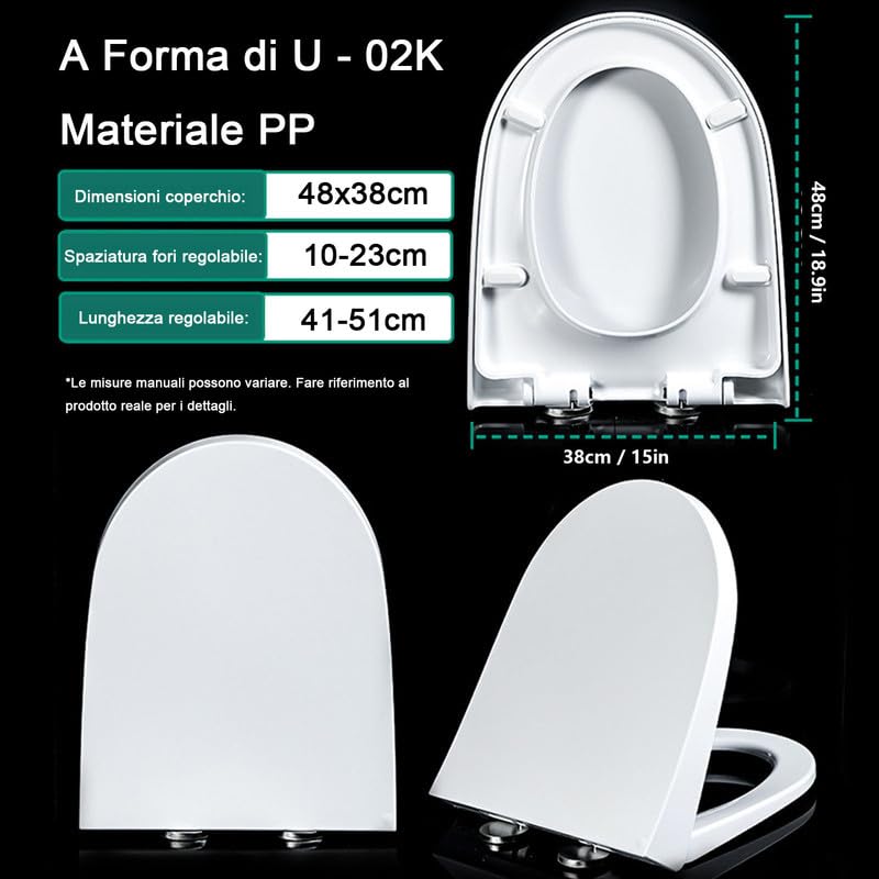 Sedile WC con Chiusura Ammortizzata, Tavoletta WC con Funzione di Sgancio Rapido, Facile da Montare e Pulire, Copriwater Universali Forma di D/U, Coperchio WC in PP, Bianco, 02K, 48x38cm