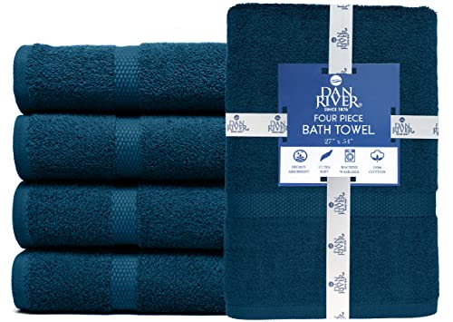 Image of DAN RIVER Bath Towels Set of 4, 27 x 54 Inches, 100% Cotton, Larger & Lighter Weight, Quicker to Dry, Super Soft and Absorbent, Ideal Opal Blue Bath Towel for Daily Use