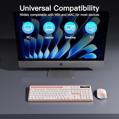 Wireless Keyboard and Mouse Combo, Soueto 2.4G Full-Sized Computer Keyboard with Phone Tablet Holder, 22 Multimedia Shortcuts, Numeric Keypad, 6 Button Silent Mouse for Windows, Mac (Pink) Wireless Keyboard and Mouse Combo, Soueto 2.4G Full-Sized Computer Keyboard with Phone Tablet Holder, 22 Multimedia Shortcuts, Numeric Keypad, 6 Button Silent Mouse for Windows, Mac (Pink)