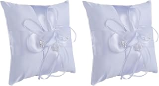 Amosfun 2pcs Wedding Ring Pillow Cushion with Pearl Flower Decor, 6 x 6 Inch, White Fabric Ring Bearer Pillow for Wedding Ceremony and Anniversary