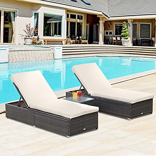 Outsunny Wicker Patio Lounge Chair Set, Outdoor Chaise Lounge Sets W/ 5-Level Angles Adjust Backrest, Thick Cushions, & Matching Table, For Pool Side, Balcony, Beach, Yard, Brown #TOP1