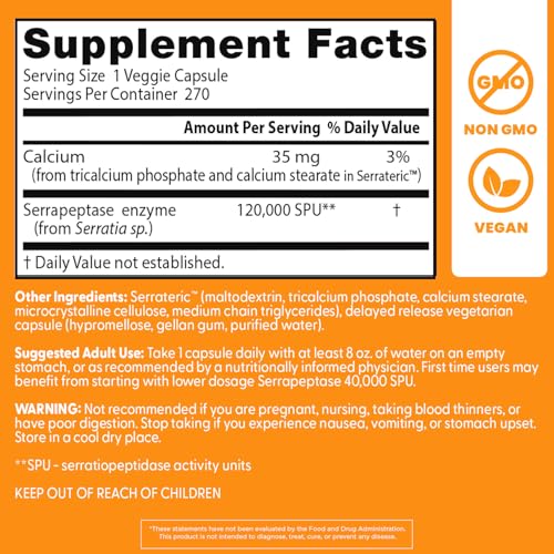 Image of Doctor's Best Serrapeptase Supplement for Men & Women - Proteolytic Enzyme for Sinus & Immune Health Support, 120,000 SPU per Veggie Capsule, High Potency Formula, Non-GMO, Vegan - 270 Veg Caps