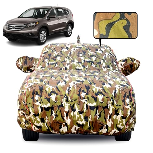 Image of Waterproof Car Body Cover for Honda CR-V (2007-2011) with Mirror Pocket, Soft Cotton Lining, Triple Stitched, Full Bottom Elastic (Heat Resistant Jungle Print with Red Piping)