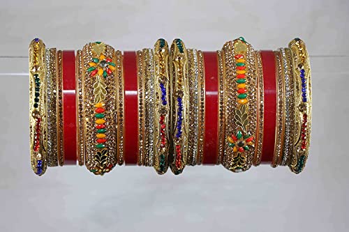 Image of NMII Traditional Gold Plated Acrylic Bangles Bridal Chuda Set For Women & Girls with Zircon Diamond & Pearls Beads Work | Royal Wedding Chudas | Premium Look | Bangles For Wedding, Festive, Function