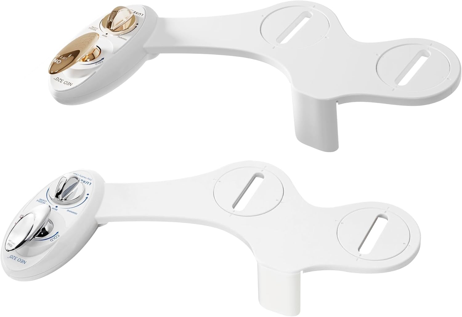 LUXE Bidet NEO 320 - Value Pack of 2 - Hot and Cold Water, Self-Cleaning, Dual Nozzle, Non-Electric Bidet Attachments for Toilet Seat (Gold and White)