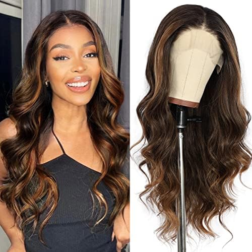 SAPPHIREWIGS Brown Lace Front Wig Synthetic Lace Front Wigs for Women Highlight Brown Glueless Pre-styled Long Wavy Hair Natural Looking for Daily Use 26 inch