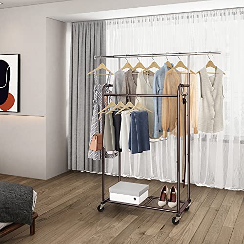 Simple Trending Double Rod Clothing Garment Rack, Rolling Clothes Organizer on Wheels for Hanging Clothes,with 4 Hooks, Bronze