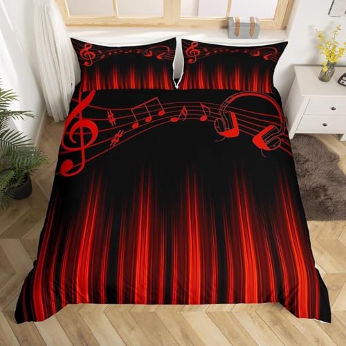 Housse de Couette 140x190 Rayures Rouges et Noires 3D Parure de Lit Notes de Musique en Microfibre Doux Housses Couettes 1 Personne avec Fermeture Éclair avec...