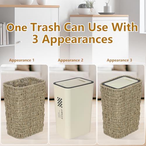 Image of Trongee Boho Trash Can with Lid,3 Gallon Small Rattan Trash Can with Press Top Lid,Slim Wicker Waste Basket and Hamper 2 in 1 for Bathroom,Seagrass Woven Garbage Can Trash Basket for Bathroom,Kitchen