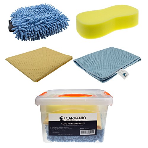 Preisvergleich Produktbild CARVANIO Auto-Reinigungsset, 5-teilig (Box inkl. Schwamm, Chenille Wasch-Handschuh, Mikrofasertuch, PU-Tuch) / Pflege-Set für Auto und Motorrad / Autowäsche