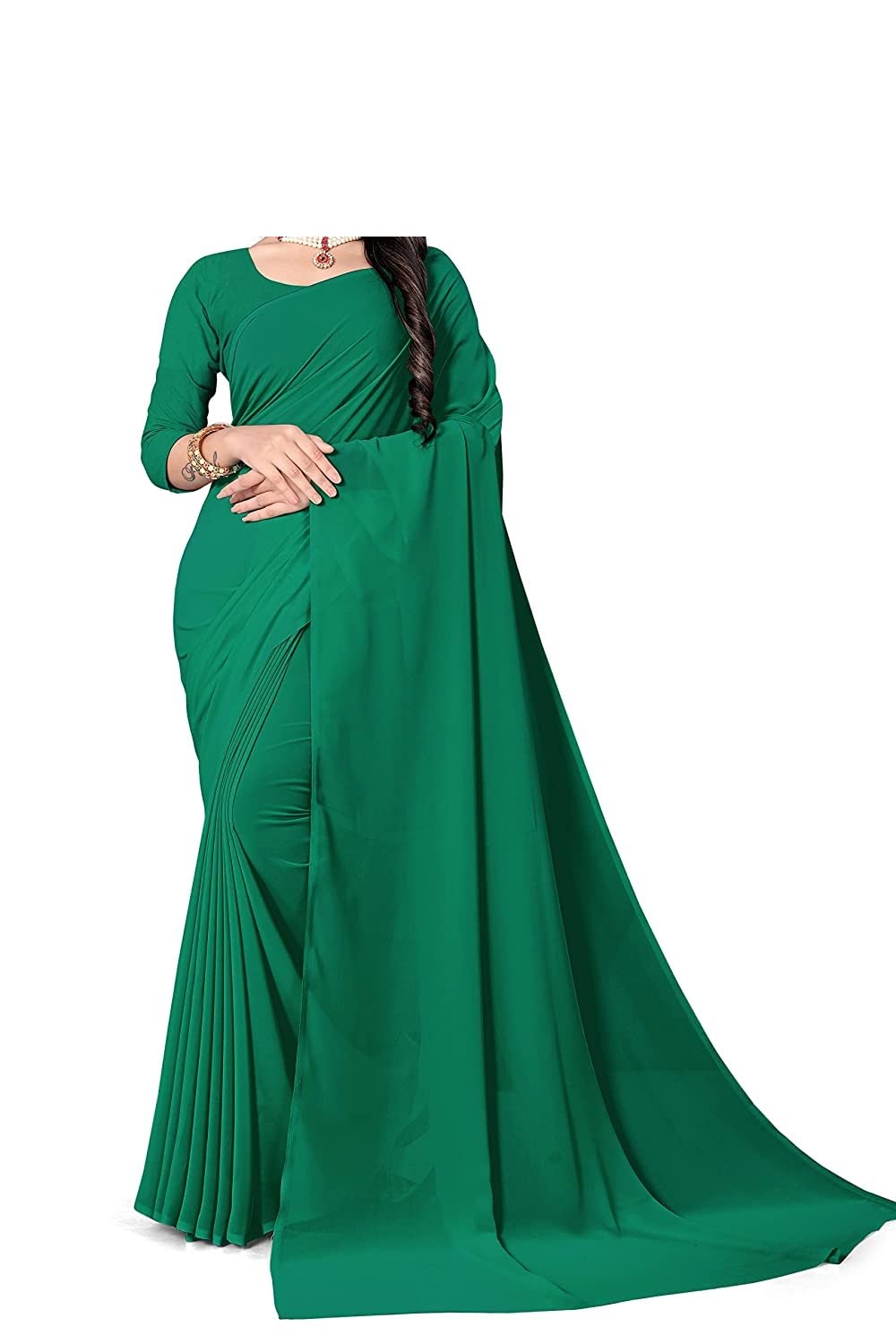 DLK womens solid woven plain saree Chiffon fabric with running blouse (Red), (blouse piece 0.8mtrs), (Red)-image-31