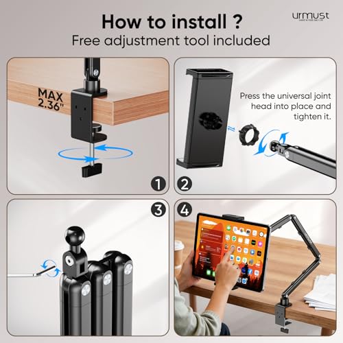 Urmust Tablet Stand for Desk, Adjustable iPad Holder for Bed, 360&deg; Rotation, Sturdy Aluminum Tablet Arm Mount for 4.7"-15.6" iPad Pro/Air/Mini, iPhone, Galaxy Tab, for Kitchen, Work, Video Call