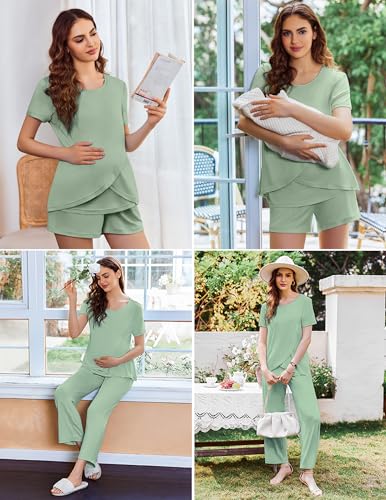 Image of Ekouaer 3 PCS Maternity Nursing Pajamas Set Postpartum Breastfeeding Short Sleeve Shirts, Pregnancy Shorts & Pants Pjs S-XXL
