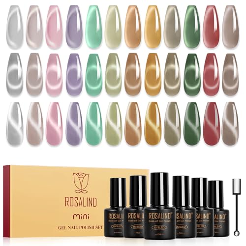 ROSALIND Vernis Semi Permanent Magnétique,12 Couleurs Argent Rose Violet Marron Vert Rouge Moonlight Crystal Cat Eye Vernis Gel UV Semi Permanent, Soak-off...
