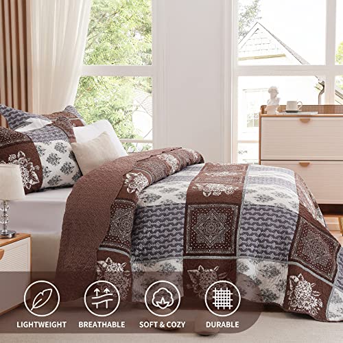 LEAONME 3 Pieces California King Size Quilt Set Brown Oversized 120x120 Inch Bedspread Coverlet Lightweight Microfiber Patchwork Bed Cover for All Seasons (1 Quilt, 2 Pillow Shams)