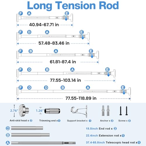 Image of Long Tension Rod 41-118inch Silver Tension Curtain Rods no Drilling | 1.26 inch Diameter Outdoor Curtain Rod for Patio,Windows,Anywhere Heavy Duty Spring Rods Adjustable