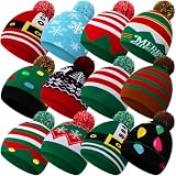 Mumufy 12 Pcs Christmas Beanie Hats Snowflake Pattern Hats Warm Stretch Winter Knit Hat for Men Women Adult Christmas Gifts (Lovely Style)