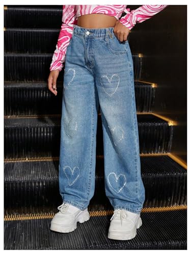 WDIRARA Girl's Heart Rhinestone High Waisted Baggy Jeans Wide Leg Denim Pants with Pockets4