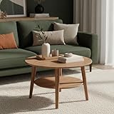 skølm Mjölnir Couchtisch rund Ø70 cm – Wohnzimmertisch aus Eiche Massivholz – Sofatisch mit 2 Ablagen – kleiner Beistelltisch dunkel geölt – Holztisch Wohnzimmer mit Stauraum – Coffee Table