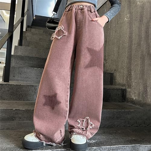 Girls Baggy Jeans Star Patchwork Denim Pants Distressed Boyfriend Jeans Raw Hem Denim Pants Casual Wide Leg Trousers4