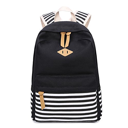MISSMAO College Student Stripe Canvas Rucksack School Bag Black?30 * 14 * 43?cm