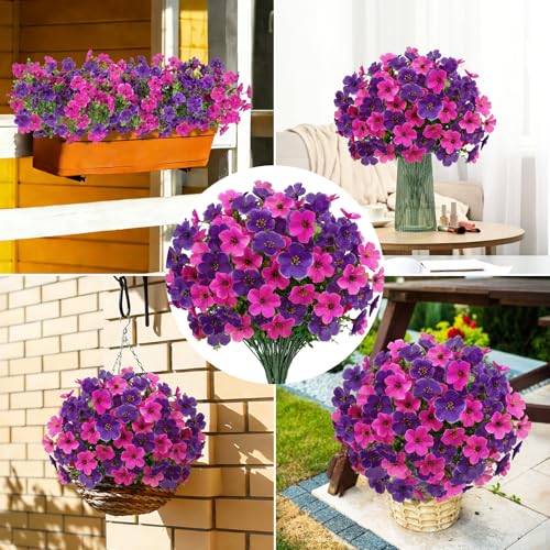 Image of Bassion 20 Bundles Artificial Violet Flowers for Outdoors, Purple Fuchsia