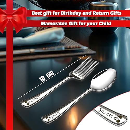 Image of SAVRI Personalized Stainless Steel Spoon & Fork Set with Name & Character Engraved. Your Kids Favorite Design. Ideal for Kids Lunch Box, Tiffin, Office, Return Gift, Birthday, Corporate Gifts.