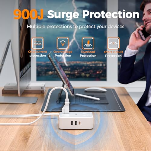 Image of TESSAN Surge Protector Power Strip, 5 Ft Flat Plug Extension Cord with 3 USB (1 USB C 20W PD) 8 Outlets, 1250W, 900J Protection, 3 Sided Outlet Extender with Power Switch for Office, Dorm Room, Grey