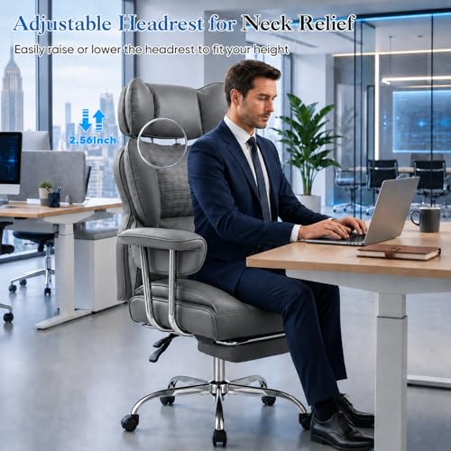 Image of Big and Tall Office Chair 350 LBS, Scratch-Resistant PU Leather Executive Office Desk Chair with Footrest, Ergonomic Reclining Computer Chair with Pocket Spring Support for Home Office, Grey