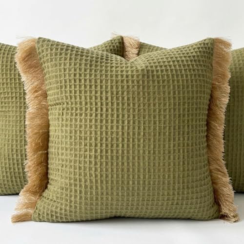 Image of Cotton Cushion Covers 16x16 Inch | Handwoven Olive Green Decorative Square Cushion Case with Fringe | Sofa, Living Room, Bedroom, Diwan Home Decor Throw Cushion Cover